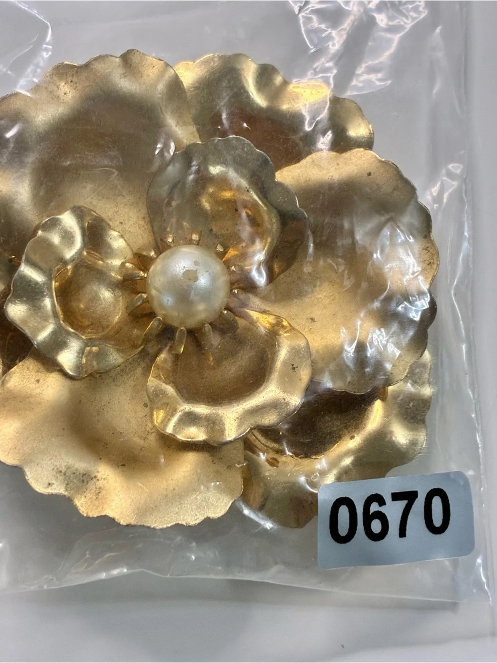 Brushed Gold Flower Brooch with Pearl Center Multi Dimensional Lightweight